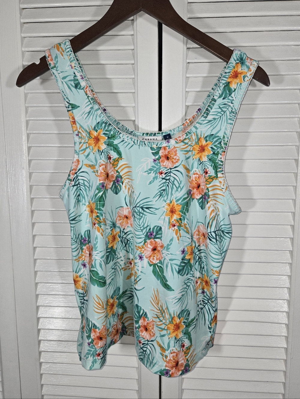 Cabana Life Sleeveless Tank Caymen Teal Hibiscus Lightweight Breathable Top Sz M
